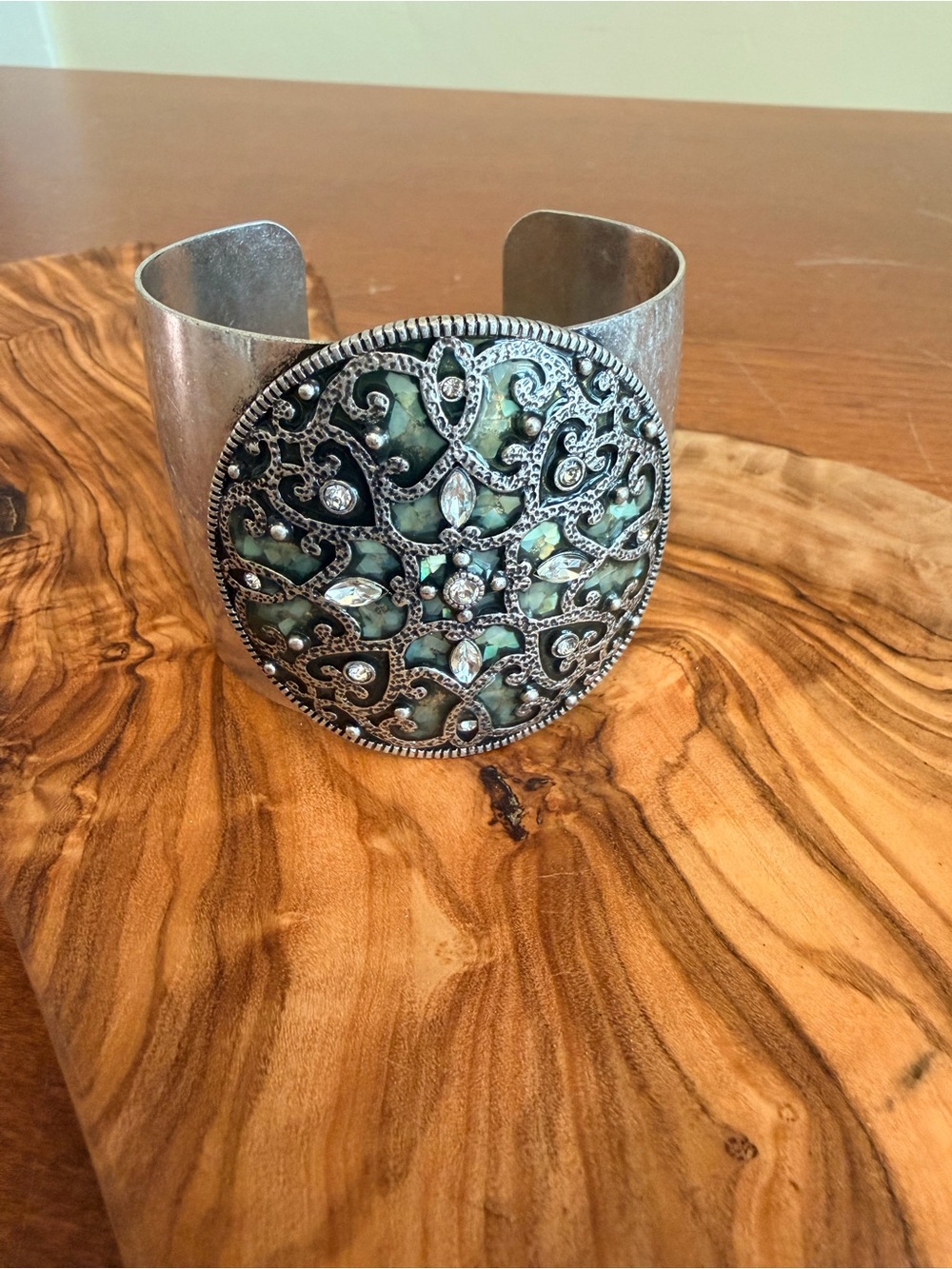 Natalia Cuff Silver Tone Green Mosaic Rhinestone Statement Bracelet